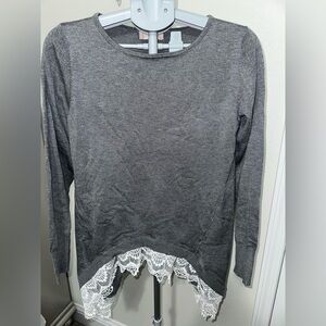 Altar'd State Women's Grey Long Sleeve Lace Trimmed Sweater